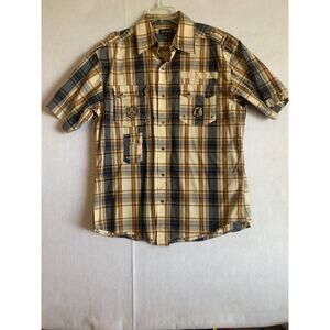 Knockout Mens Pearl Snap Button Up Shirt size XL Plaid Blue Short Sleeve Crest